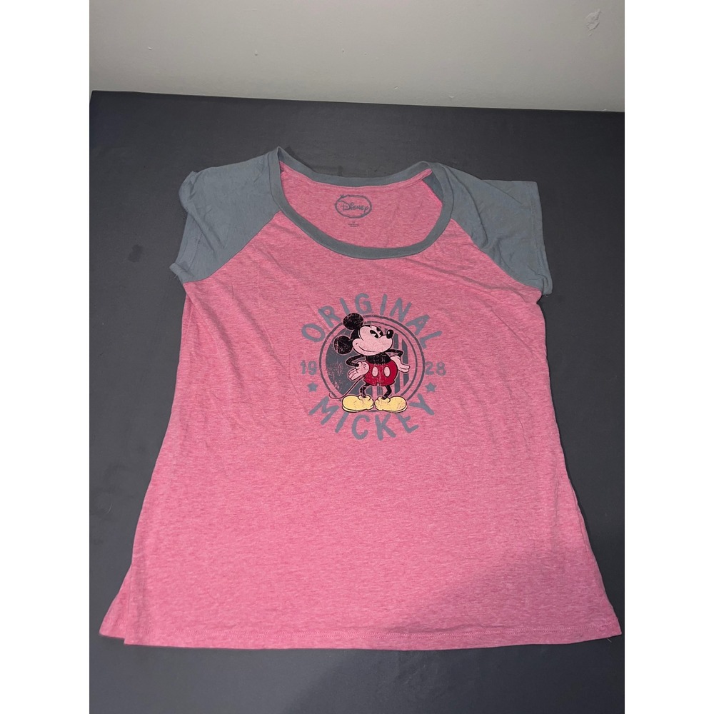 Disney Mickey Mouse Graphic T-Shirt Pink Grey Raglan Womens 2X Distressed Logo